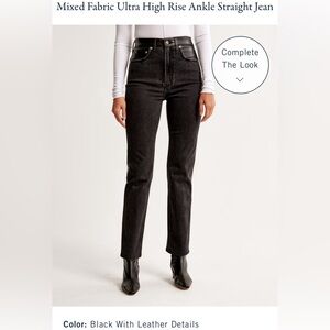 Mixed fabric ultra high rise ankle straight jeans.